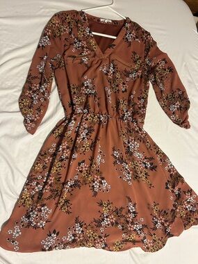 Maurices Floral V-Neck Rust Women’s Dress 3/4 Sleeve